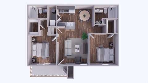 A 3D floor plan of a small apartment with a kitchen, living room, and bathroom.